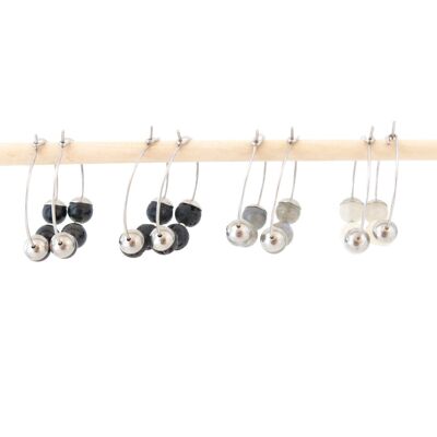 Set of 4 hoop earrings in stainless steel and natural stones lava, obsidian, labradorite, moonstone