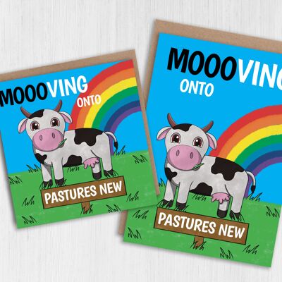 Vaca graciosa nuevo hogar, nueva tarjeta de trabajo: Moooving hacia pastos nuevo