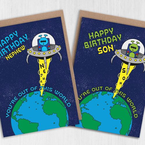 Alien kids birthday card for nephew or son: Out of this world