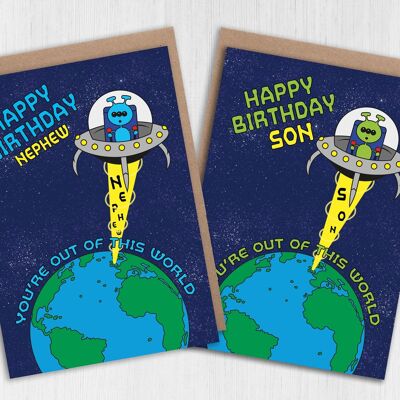 Tarjeta de cumpleaños para niños alienígenas para sobrino o hijo: Fuera de este mundo