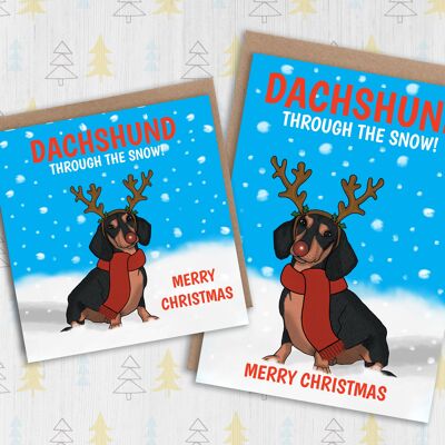 Tarjeta de Navidad divertida de Dachshund: Dachshund a través de la nieve