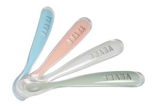 BEABA, Lot de 4 cuillères 1er âge silicone (windy blue+eucalyptus green+light mist+old pink)