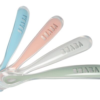 BEABA, Lot de 4 cuillères 1er âge silicone (windy blue+eucalyptus green+light mist+old pink)