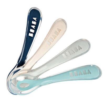 BEABA, Lot de 4 cuillères 2ème âge silicone (dark blue+pink+light mist+airy green)