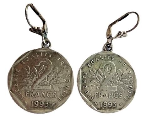 Earhooks French, 2 francs francais silverplated, french coins 1995 Jean Moulin