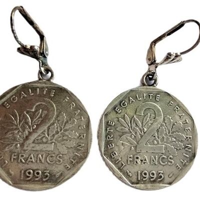 Ganci per l'orecchio francesi, 2 franchi francesi argentati, monete francesi 1995 Jean Moulin