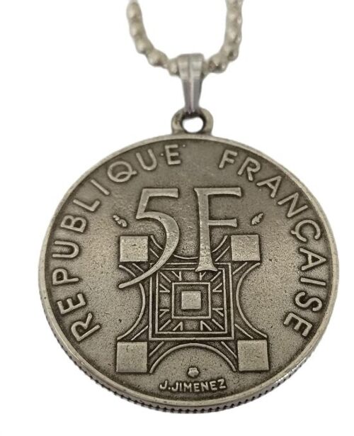 Necklace silverplated, pendant nostalgic old coin 5 french francs, century eiffeltower on backside
