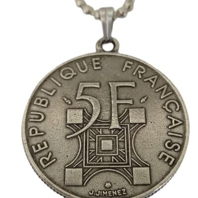 Collar plateado, colgante nostálgico moneda antigua 5 francos franceses, torre eiffel del siglo en la parte trasera
