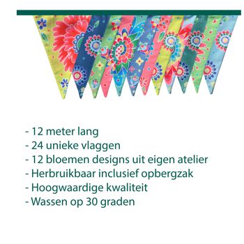 Ligne de drapeau de guirlande de tissu durable | guirlande en tissu | guirlande de drapeau durable | décoration d'anniversaire | Fleurs XL | 12 mètres | 24 drapeaux 6