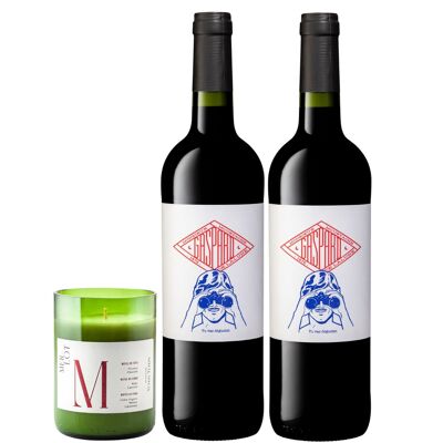 Caja de velas variedad de uva Merlot y 2 botellas de vino tinto AOC Burdeos