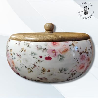 Wooden Serving Bowl Set with Lid & Spoons in Floral Print