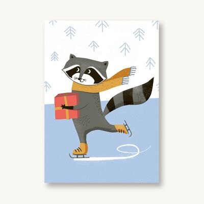 Postkarte Winter - Waschbär on ice