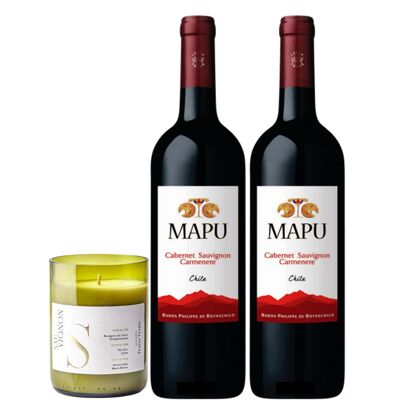 Portacandele di varietà di uva Sauvignon e 2 bottiglie di vino rosso cileno