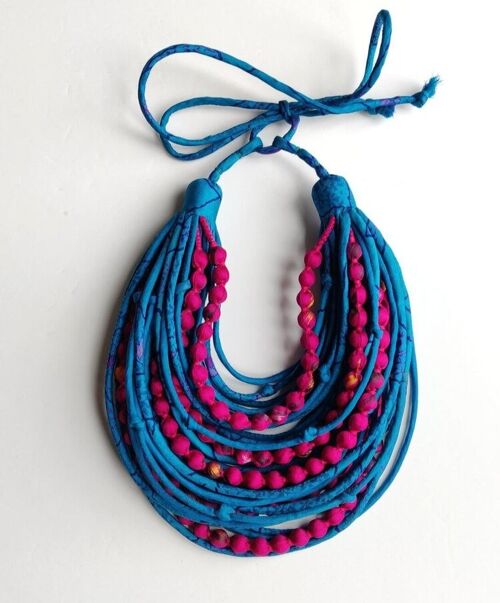 Recycled Sari String and Bead Necklace in Hot Pink and Blue