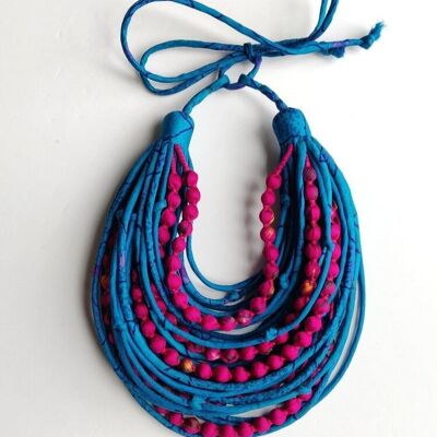 Recycled Sari String and Bead Necklace in Hot Pink and Blue