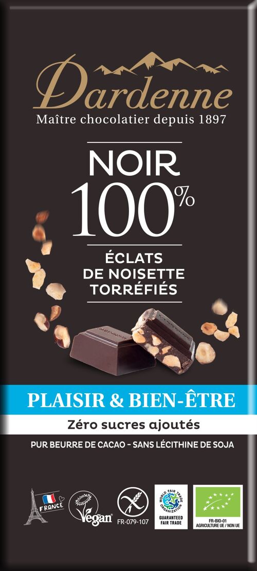 NOUVEAUTE - Tablette NOIR 100% aux éclats de noisettes torréfiées -zéro sucres ajoutés- 100g