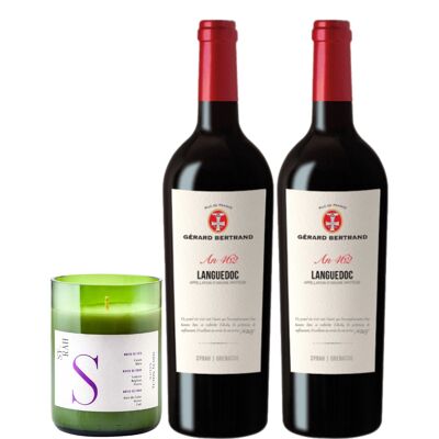 Portacandele con varietà di uva Syrah e 2 bottiglie di vino rosso Languedoc AOC