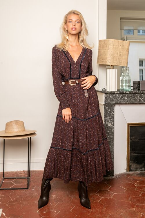 Maxi robe longue à imprimé fleuri avec dentelle boutonnée devant