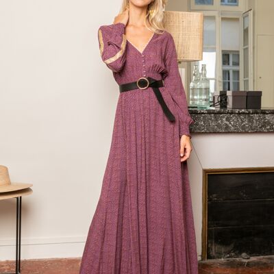V-neck maxi dress adorned with Paisley printed buttons, invisible pockets