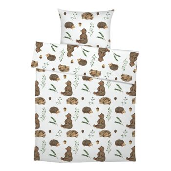 "Ours, hérisson, cerf - Collection Signature by Mindofsina" Linge de lit pour enfant haut de gamme en pur coton - motif imprimé des deux côtés - 100 x 135 cm / 40 x 60 cm 1