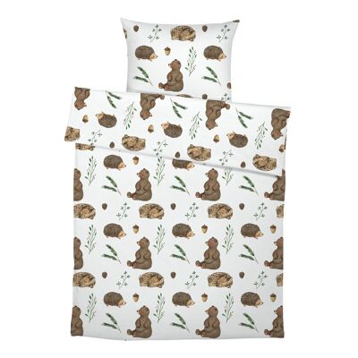 Ropa de cama premium para niños "Oso, erizo, ciervo - Signature Collection by Mindofsina" de puro algodón - verde oliva - 135 x 200 cm / 80 x 80 cm