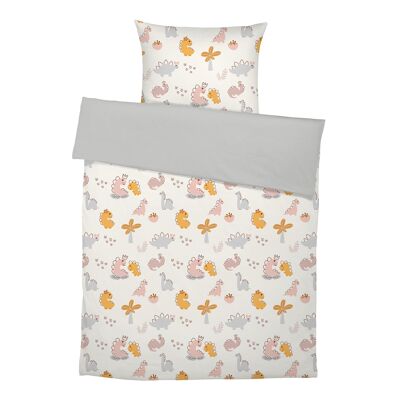 “Dinogirl Signature Collection by Mrs. Mende” premium children's bed linen made of pure cotton - Dinogirl (white) - gray - 100 x 135 cm / 40 x 60 cm
