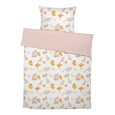 “Dinogirl Signature Collection by Mrs. Mende” premium children's bed linen made of pure cotton - Dinogirl (white) - pink - 100 x 135 cm / 40 x 60 cm