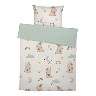 Linge de lit enfant premium « Nordic Bunny » en pur coton - Menthe - 135 x 200 cm / 80 x 80 cm