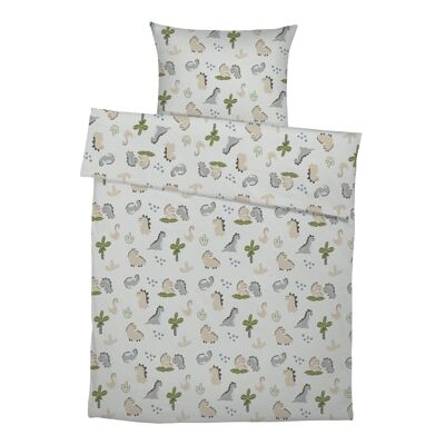 "Dinosaur Signature Collection by Mrs. Mende" premium children's bed linen made of pure cotton - 100 x 135cm / 40 x 60cm - light gray background / motif print on both sides