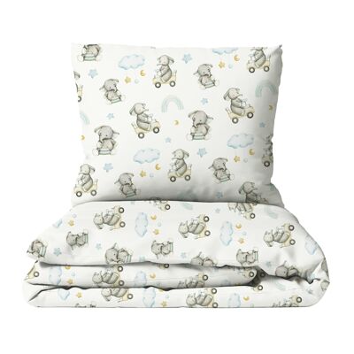 Baby Elephants Children's Bedding, Premium Cotton, Hand Painted Design - Baby Elephants / White - 135 x 200 cm / 80 x 80 cm