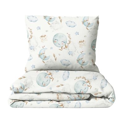 Biancheria da letto per bambini Sweet Moon, cotone premium, design dipinto a mano - Sweet Moon / Pastel Blue - 100 x 135 cm / 40 x 60 cm
