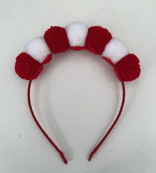 Festive Pom Pom Hair Band with small pom poms in red and white