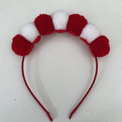 Festive Pom Pom Hair Band with small pom poms in red and white
