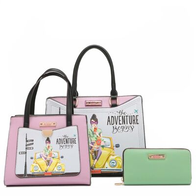 SET DE 3 PIEZAS "FUN BEGINS" (BOLSO DE MANO, BANDOLERA, BILLETERA)
