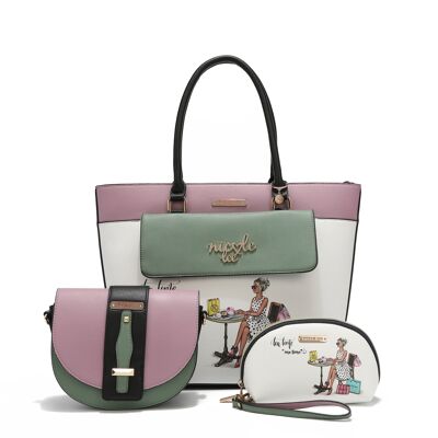 SET OF 3 PIECES "TEA TIME ME TIME" (Shopper, Shoulder bag, Bag)