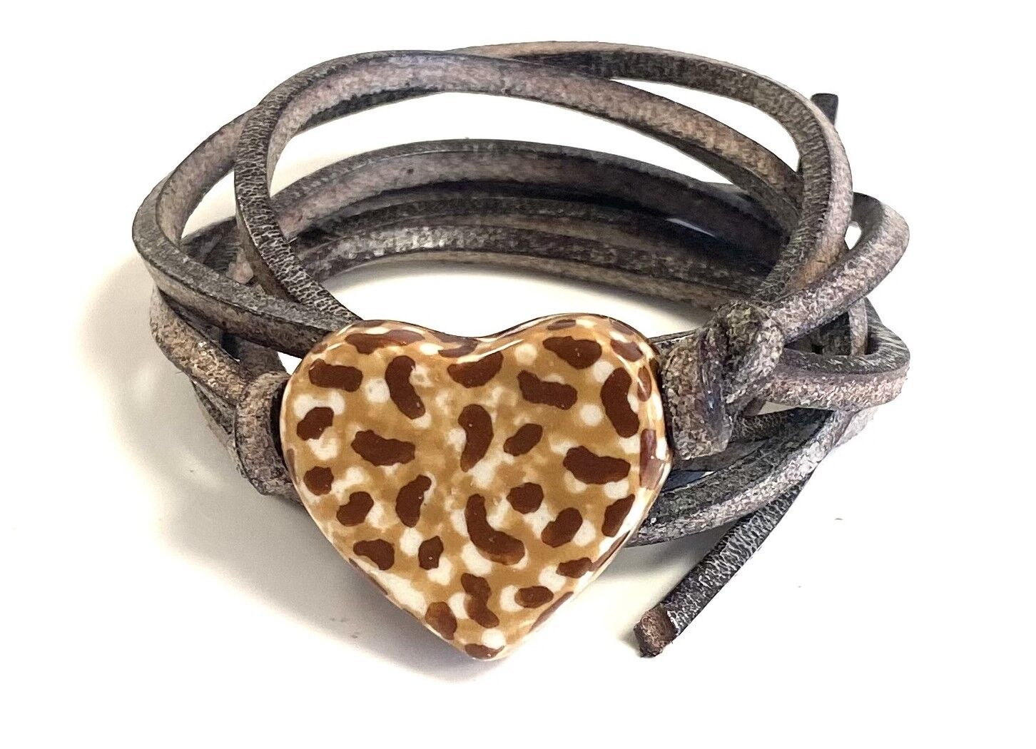 Bracciale in pelle con cuore in ceramica stampa tigre