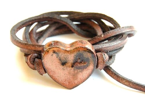 Bracelet leather with rust brown ceramic heart