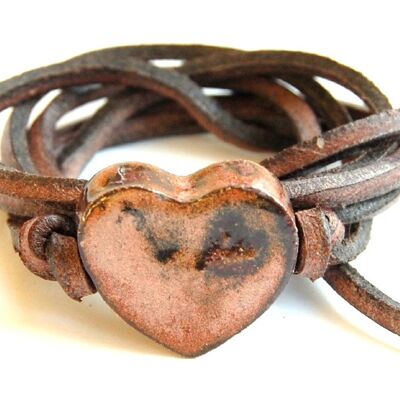 Bracelet cuir avec coeur en céramique marron rouille