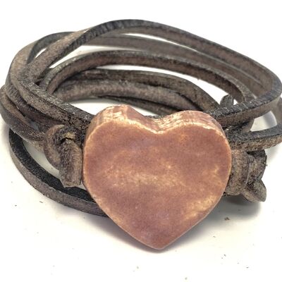 Bracelet cuir avec coeur en céramique or rose