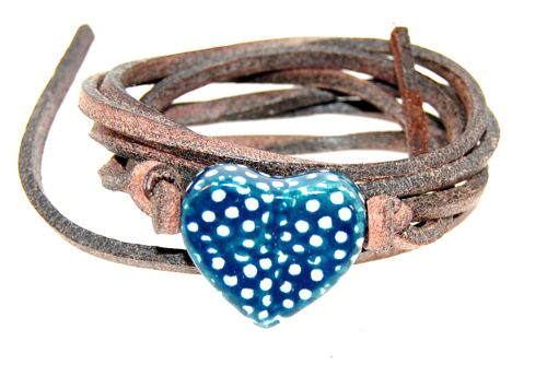 Bracelet leather with blue/white dots ceramic heart