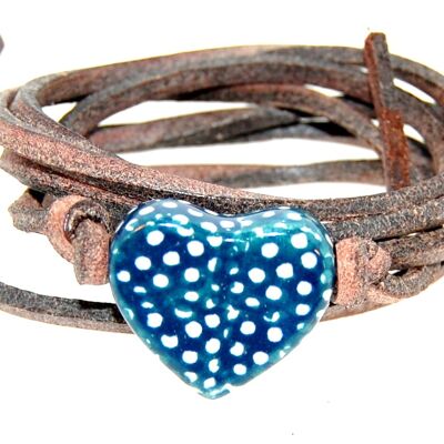 Bracelet leather with blue/white dots ceramic heart