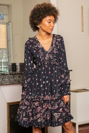Flared ruffled dress with bohemian print with LUREX 7