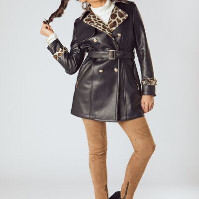 DOUBLE-SIDED LEOPARD TRENCH COAT | BLACK