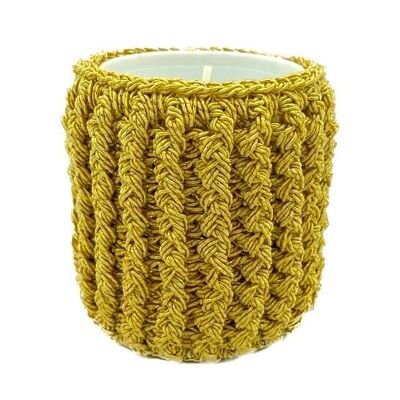 estuche de crochet sustentable + vela de repuesto - oro amarillo - luces navideñas - hecho a mano en Nepal - canasta de crochet dorada + vela