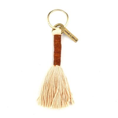 crème porte-clés long pompon durable - coton biologique et cuir fin - fait à la main au Népal - cintre de sac - porte-clés long pompon