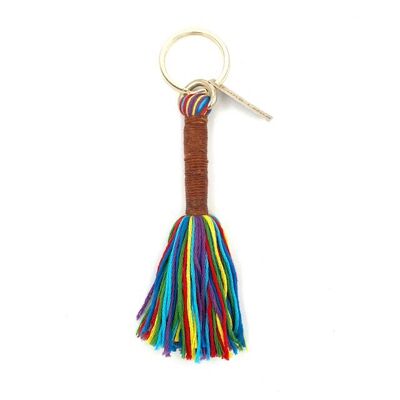 porte-clés long pompon durable multi - coton biologique et cuir fin - fait à la main au Népal - cintre de sac - porte-clés long pompon
