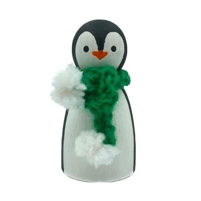 sustainable penguin wooden cone doll + green scarf - 100% soft wool - hand crocheted in Nepal - hand painted in the Netherlands - wooden cone doll penguin green