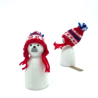 sustainable polar bear wooden cone doll + red Nepalese hat - 100% soft wool - hand knitted in Nepal - hand painted in the Netherlands - wooden cone doll ice bear red