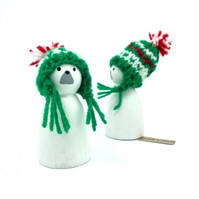 sustainable polar bear wooden cone doll + green Nepalese hat - 100% soft wool - hand knitted in Nepal - hand painted in the Netherlands - wooden cone doll ice bear green