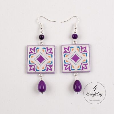 Earrings : square purple and blue majolica